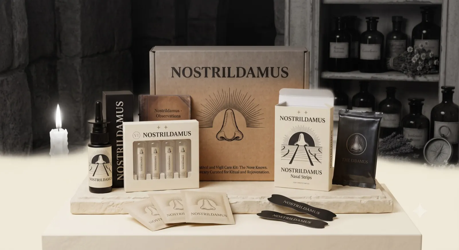 The full Nostrildamus range standing on a stone counter in a candlelit apothecary