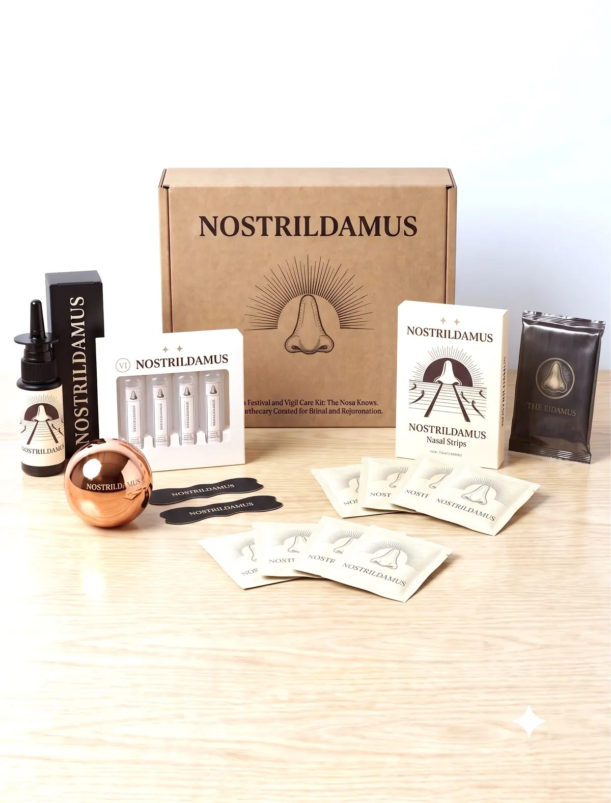 The full Nostrildamus nasal kit laid out: kraft box, Elixir spray, sealed vials, the copper salve orb, strips and wipes