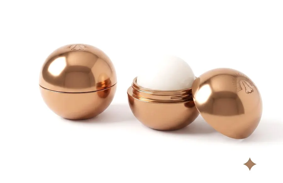 Two copper Nostrildamus salve orbs, one open showing the white balm dome