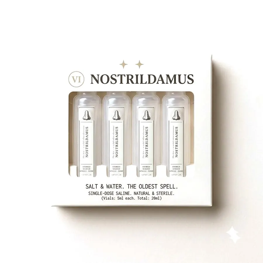 The Nostrildamus window box holding four sealed single dose saline vials
