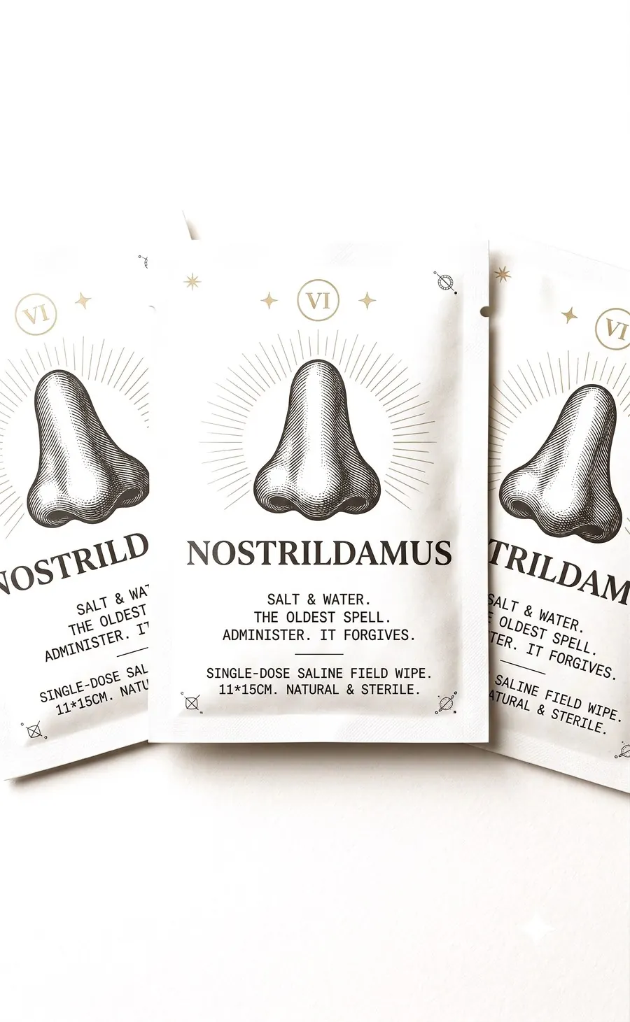 Three sealed Nostrildamus saline wipe sachets fanned on the page