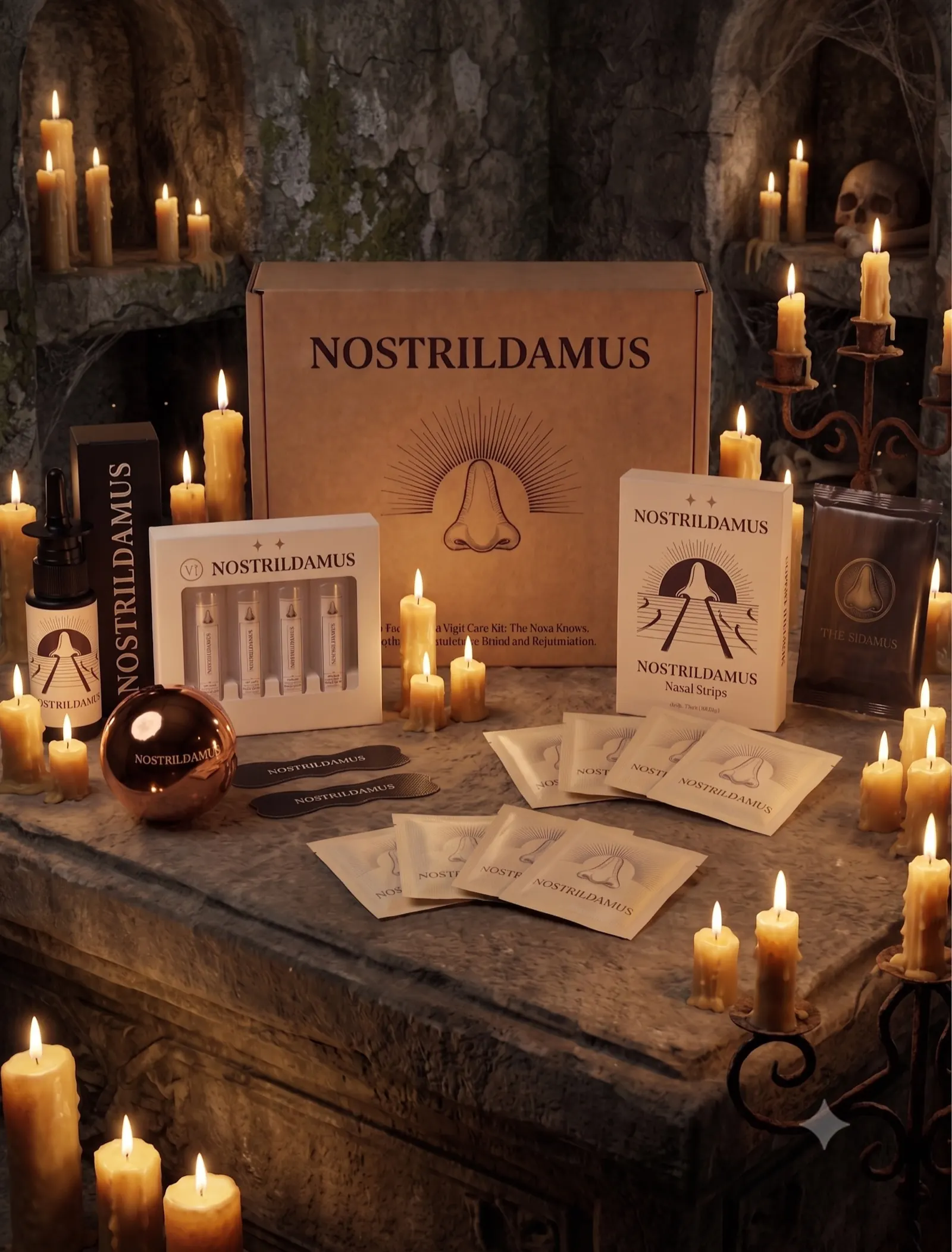 The Nostrildamus range on a candlelit stone altar surrounded by dripping candles