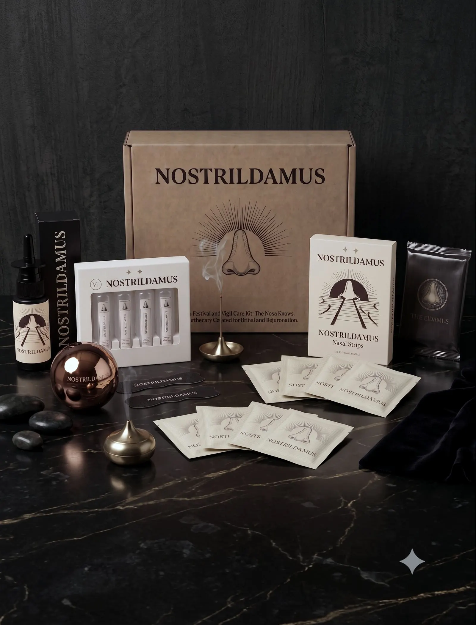 The Nostrildamus festival care range arranged on dark marble: the Elixir saline spray, sealed vials, nasal strips and salve