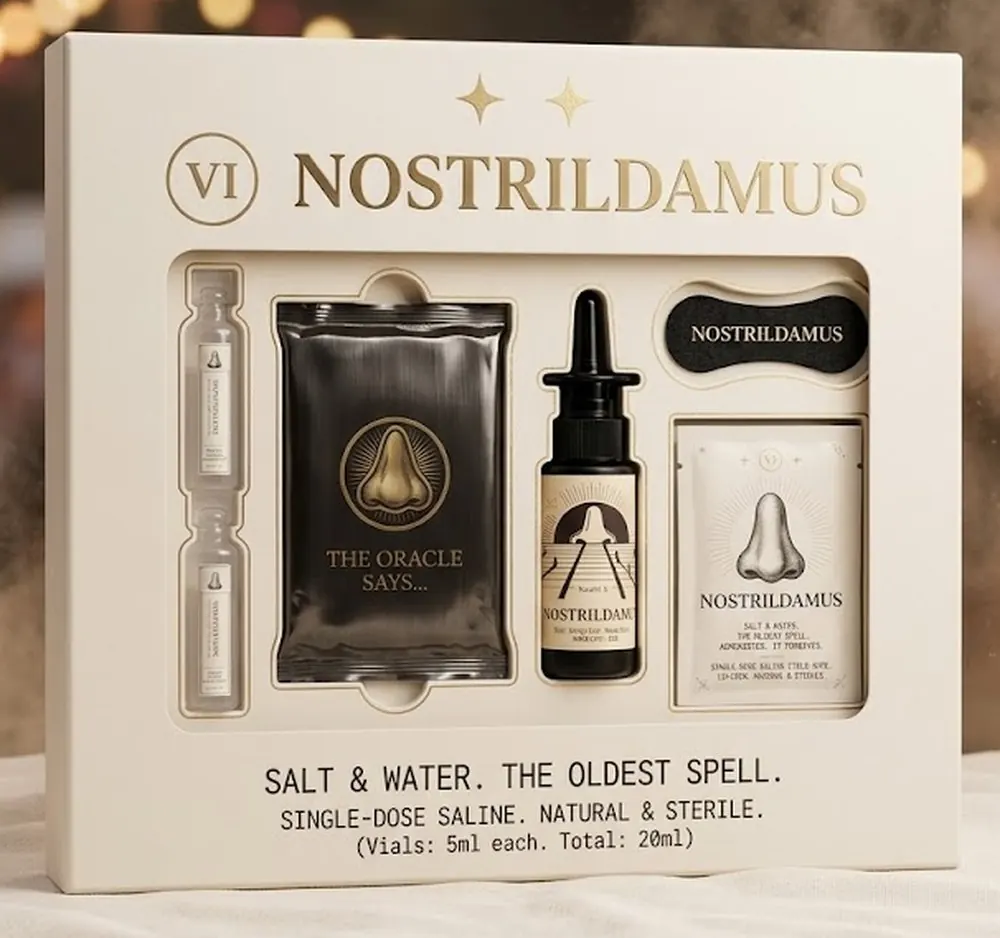 The Nostrildamus window tray: sealed vials, the black card pack, the Elixir and a wipe sachet. Salt and water, the oldest spell.